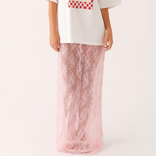 Y2K Lace Long Skirt Sheer See Through Beach Maxi Skirt Low Rise Satin Side Slit Skirt for Women Summer Streetwear4