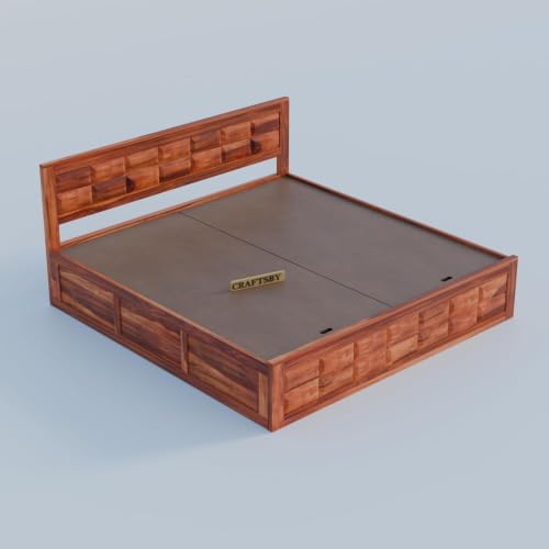 Image of Solid Sheesham Wood King Size Bed with Storage | Wooden Double Bed Cot for Bedroom & Home | Palang Double Bed with Designer Headboard | Honey Finish | 81 x 74 Inch
