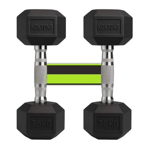 Koxtons Dumbbell Set 7.5kg (Premium) | Dumbbell 15kg Pair (7.5kg x 2pcs) | Rubber Coated Hex Dumbells for Home Gym | Gym Equipment for Home Workout, Strength Training, Weight Loss & Fitness