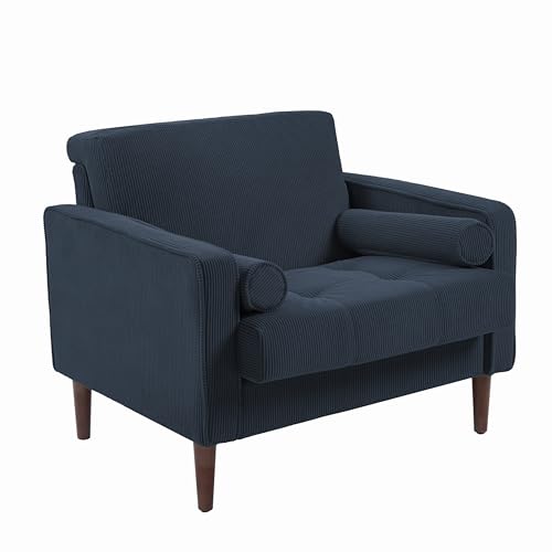 Image of Accent Chair, Corduroy Upholstered Arm Chairs for Living Room, Comfy Armchair Mid-Century Track Armrest Single Sofa Bedroom Reading Seat with 2 Bolster Pillows - Navy Blue, Set of 2