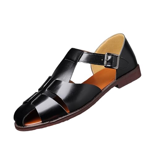 Image of Men's Leather Hollow Flat Fisherman Sandals with Buckle Comfortable Round Toe Breathable Low Heel Non-slip Roman Sandals for Leisure, Work, Driving