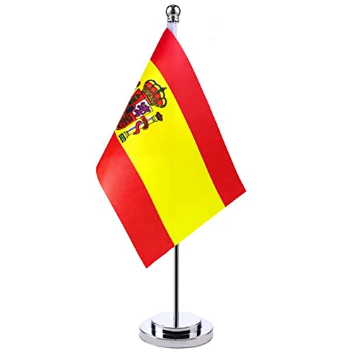 HPMAISON Bandera de Mesa de España Bandera de Escritorio de España 21 x 14 cm Mástil y Base de Acero Banderas de Escritorio para Salas de reuniones