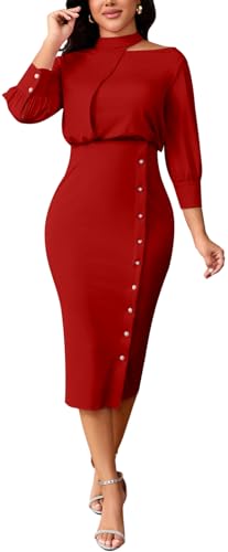 Image of shengfan Women's Casual Long Sleeve Work Bodycon Midi Dresses Round Neck Formal Wedding Cocktail Party Wrap Pencil Dress