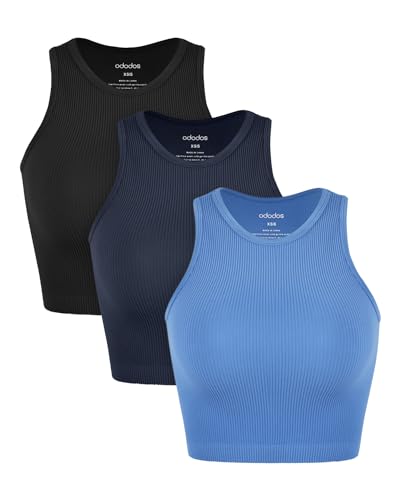 Image of ODODOS 3-Pack Seamless Crop Tank for Women Ribbed Soft High Neck Cropped Tops