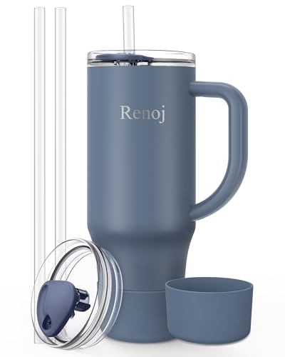 Image of Renoj Insulated Mug 100% Spill Resistant Insulated Water Bottle for Iced Coffee & Hot Drinks - Fits Car Cup Holder, Ideal Gift, 2 Straws & Silicone Boot - FlexSlide Navy Blue 40 oz