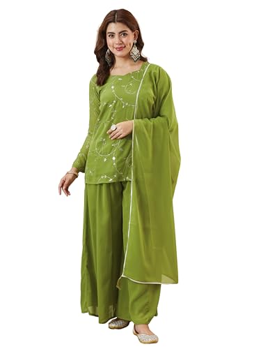 Image of MOKOSH Women's Georgette Short Kurti Palazzo with Dupatta | Short Kurti Set |Ethnic Kurta Set for Women | Sweetheart Neck Full Sleeve | Indian Kurta Outfit With Palazzo Pants