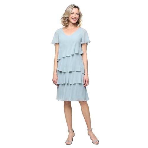 Image of S.L. Fashions Women's V-Neck Chiffon Cocktail Dress with Beaded Shoulders and Asymmetrical Tiers (Petite and Regular Sizes)