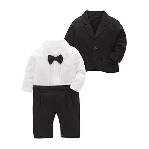 Baby Boys Blazer Long Sleeves Gentleman Romper with Bowtie Outfit 2 Pieces Sets Black 18-24 Months Cover