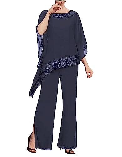 3 piezas de traje de gasa con cuentas para la madre de la novia, conjunto de pantalones y vestido formal de noche para invitada de boda, azul marino, 46