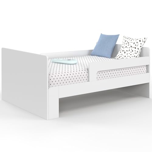 IDMarket Gaspard - Cama individual escalable 90 x 140/190 cm con somier y barreras madera blanca