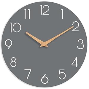 Wall Clock, Gray Wooden Silent Non-Ticking, Decorative Battery Operated Wall Clocks for Bedroom, Kitchen, Home, Living Room, Office, School, Hotel (8 Inch)