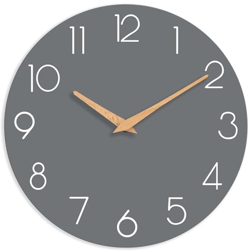 Wall Clock, Gray Wooden Silent Non-Ticking, Decorative Battery Operated Wall Clocks for Bedroom, Kitchen, Home, Living Room, Office, School, Hotel (8 Inch)