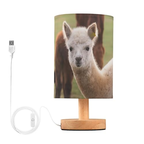 YYZZH Table Lamp Cute Baby Alpaca Llama in Green Woodland Nightstand Lamp with Wood Base Fabric Lamp Shade Bedside Desk Lamp for Living Room Bedroom Kids Room Office