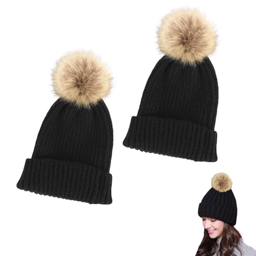 MAGIC SELECT 2X Gorro de Punto con Pompón. Gorro de Canalé para Mujer. Sombrero de Lana de Invierno con Pompón de Quita y Pon.