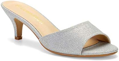 ComeShun Women Low Kitten Heel Mules Slip On Sandals Open Peep Toe Dress Pumps Comfy Sexy Shoes Size 9 Silver Glitter