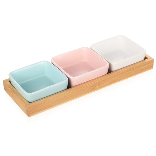 YITYDaMai 3 Pcs Bol Apero en Céramique avec Plateau, Bols de Service avec Plateau à Apéritif en Bois, Bols à Trempette en Céramique avec planche en bois...