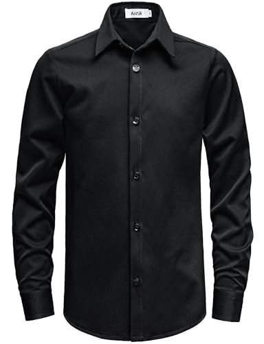 AOTIK Boys Stretch Wrinkle Free Dress Shirts Button Down Shirt Long Sleeve Formal School Uniform Shirts 16 Black