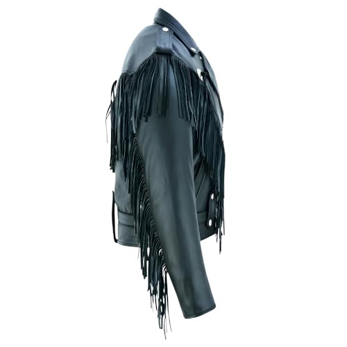 Mens Black Fringed Tassle Biker Leather Jacket- Western Cowboy Fringe Leather Jacket3