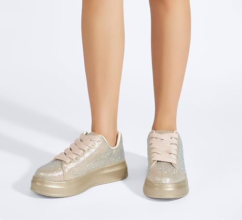 Image of LUCKY STEP Rhinestone Platform Sneakers for Women | Sparkly Glitter Bling Tennis Shoes Fashion Wedding Party Walking Sneakers