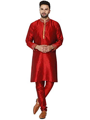 SKAVIJ Art Silk Kurta Pajama for Men Indian Festival Wedding Party Dress Suit (Large, Red) SKAVIJ Art Silk Kurta Pajama for Men Indian Festival Wedding Party Dress Suit (Large, Red)