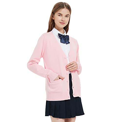 Image of Blostirno Women's Cardigan School Uniform Sweater Cardigans V-Neck Long Sleeve Button Down Knit with Pockets