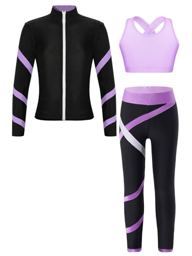 Kids Girls Dance Sports Bra Crop Top with Athletic Leggings Jacket Sweatshirt Set 3Pcs Outfits Gymnastics Tracksuit