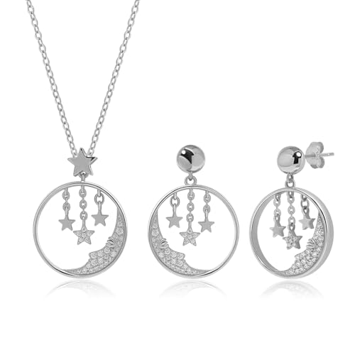 Meissa Rose Gold Bridal Earrings Necklaces Set for Wedding Cute Moon Star Dangle Earrings 925 Sterling Silver Statement Earrings Handmade Hypoallergenic Trendy Gifts for Brides, Silver