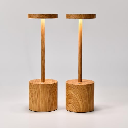 Rechargeable Cordless Table Lamp,LED 5000mAh Battery Operated Desk Lamp Outdoor Waterproof 3 Level Brightness Dimmable Table Lights for Patio Restaurant Dining Home 2Pack (2Pack Bamboo Wood)