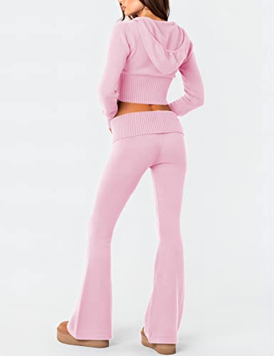 Springrain Women Ribbed Knit 2 Piece Outfits Slim Fit Zip Up Sweater Sets High Waist Fluffy Pants Y2K Lounge Sets(Pink-S) #TOP1