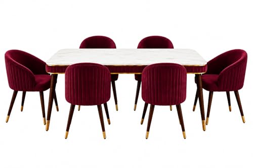 Image of WOODEN SPACE 6-Seater Wooden Dining Table Set | Nano Composite Marble Top | Solid Wood Base | Modern Dining Room Furniture with 6 Chairs (Maroon)