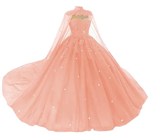 Women's Puffy Tulle Quinceanera Dresses with Cape Lace Sequins Prom Dresses Sweetheart Beaded Ball Gown for Sweet 15 16