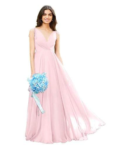 Image of HSFIYAKJ Bridesmaid Dresses Long Chiffon Formal Dress Open Back V Neck Evening Prom Gown for Women with Pockets