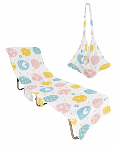 Easter Eggs Beach Chair Towel Covers for Chaise Lounge with Side Pocket, Soft Plush Pool Towels Cover for Patio Sunbathing Outdoor 29''x85'' Colorful Flowers Hearts Stars Minimalist White