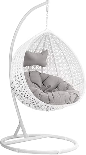 Image of Single Seater Swing Chair with Stand & Cushion Outdoor Indoor Balcony Garden Patio, Powder Coated Frame, UV-Protected Wicker, Premium Cushion, Swing Chair (White::Grey)