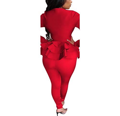 Two Piece Clubwear For Women- Long Sleeve V Neck Peplum Ruffle Raw Hem Pullover Tops Bodycon Long Pants Sets Tracksuit 3-Red M #TOP1