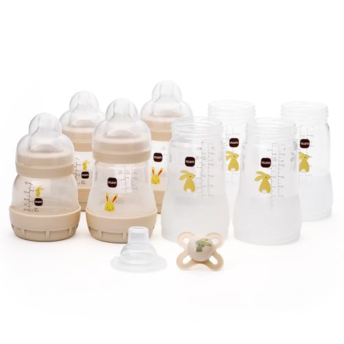 MAM Easy Start Anti-Colic Bottle Starter Set | Includes 4X Feeding Bottles and MAM Original Start 0-2 Month Soother | Self-Sterilising | Baby Gift Set of Newborn Essentials | White (Various Designs)