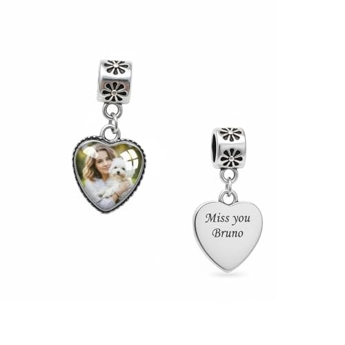 Image of Personalized Heart Floral Photo Charm for European Bracelets, Custom Engraved On The Back, Compatible with Pandora Style Bracelet. Unique Keepsake - Gift Mum, Wife, Girlfriend Christmas Birthday