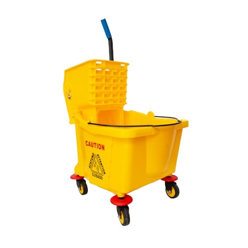 Berry Kentucky Mop Bucket with Wringer | 36L Mop Bucket on Wheels with Handle | Yellow Wringer Trolley with Caution Wet Floor Sign for Cleaning in Restaurants, Hospitals, Malls