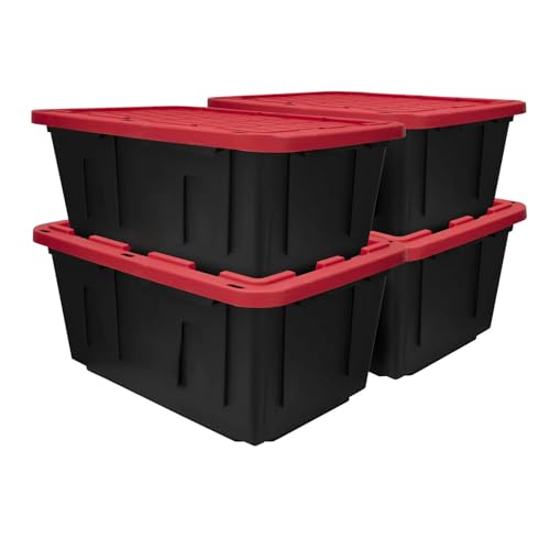 TNLOJI 4 Pack, 27 Gallon Large Storage Bin, Plastic Storage Container with Stackable Snap-On Lid, Black and Red