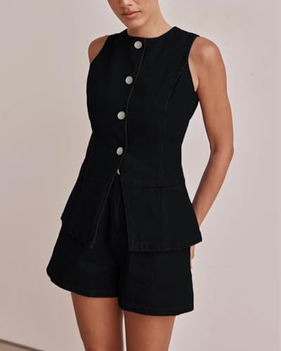 Kedera Women's Button Down Denim Vest Sleeveless Tank Tops Crew Neck Slim Fit Jean Jacket Waistcoat with Pockets2