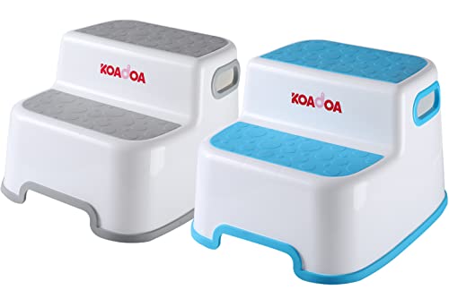 KOADOA 2-stufiger Hocker für Kinder, Hocker für Kleinkinder, Toilettentraining, Handwäsche, Küchen-Tritthocker mit rutschfestem weichem Griff, doppelte Höhe und breite zwei Stufen (grau + blau) Cover