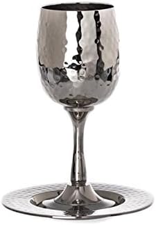 Stainless Steel Kiddush Cup on Base with Tray - Hammered Design