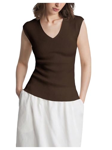 WDIRARA Women's V Neck Sweater Vest Cap Sleeve Knit Top Pullover Knitwear