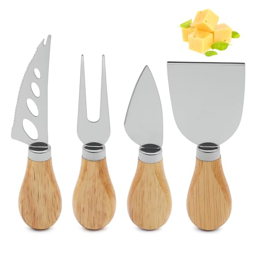Vyranut Couteaux à Fromage en Bois Lot de 4 – Ensemble d’Outils à Fromage en Acier Inoxydable avec Manche en Bois, Ustensiles pour Fromage, Gâteau et Beurre, Design Élégant et Durable