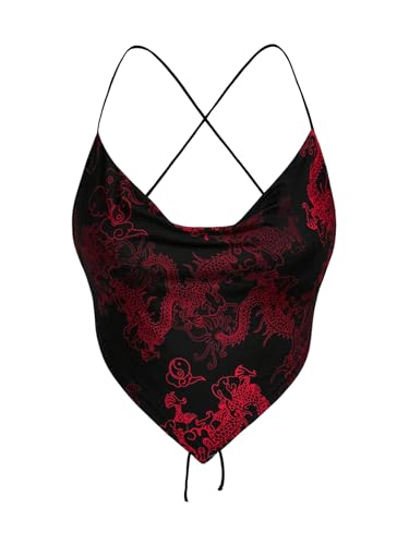 MakeMeChic Women's Dragon Graphic Bandana Top Halter Crop Criss Cross Boho Scarf Tank Top Multicolor X-Small