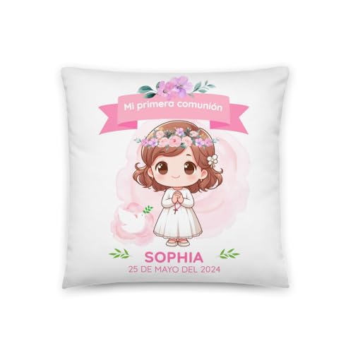 Kembilove Almofada personalizada primeira comunhão para menina | presente original com nome e data, almofada decorativa 40 x 40 cm | design Kawaii | detalhes especiais para Sophia ou outras | rosa e