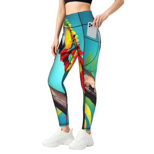 Pantalones de yoga con estampado de loros y bolsillos para fitness y correr