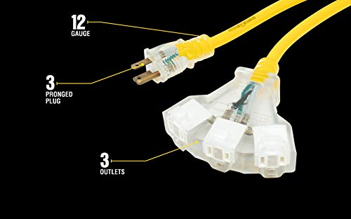 Woods Yellow 2827 12/3 15-Amp Sjtw Contractor Power Block; Heavy Duty; Multi; Lighted Outlets; Weather Resistant Jacket; 50-Feet; Extension Cord; Foot #TOP6