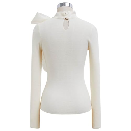 Image of CHICWISH Women Organza Bowknot Neck Knit Top Long Sleeve Elegant Slim Fitted Fall Casual Solid Pullover Tops