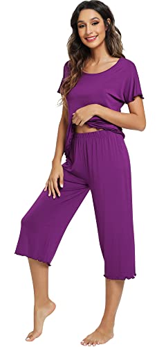 WiWi Viscose from Bamboo Pajamas Set for Women Soft Short Sleeve Tops Capri Pants Sleepwear Plus Size Pjs Sets S-3X3